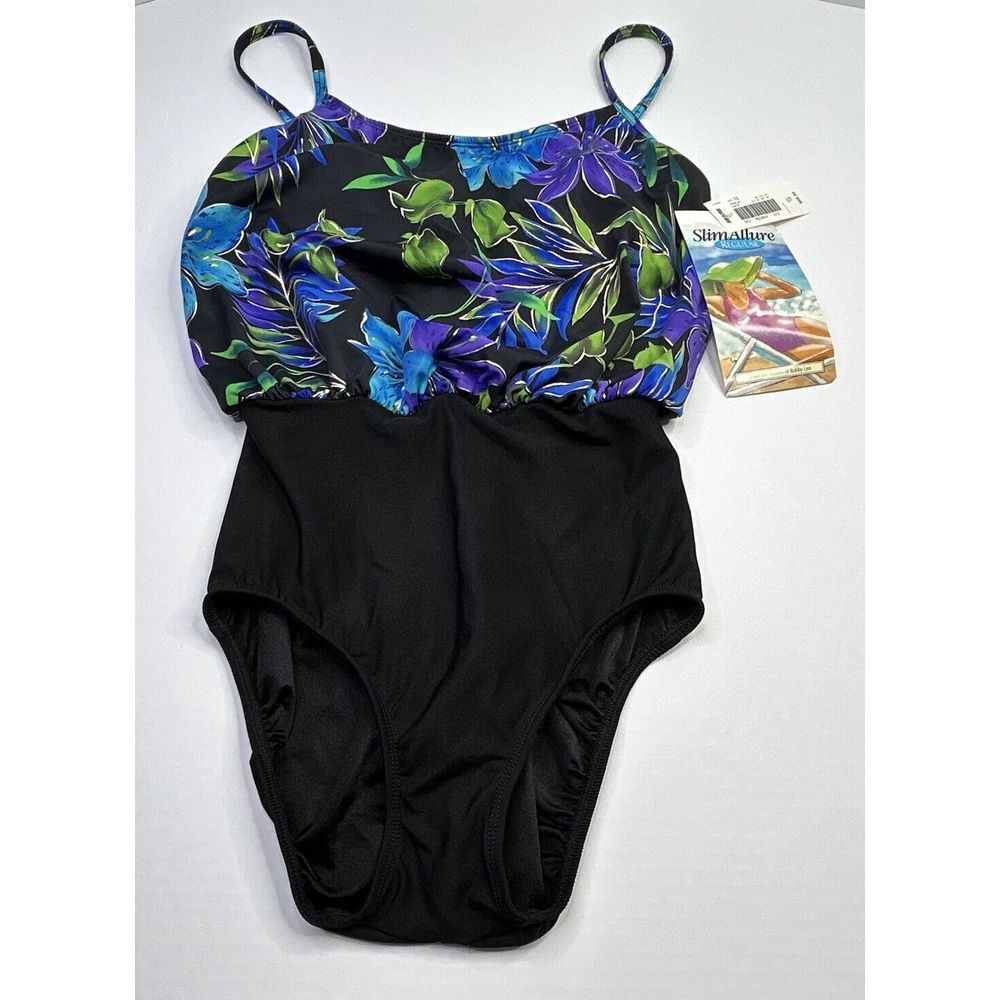 SlimAllure One Piece Swimsuit Women's‎ 12 Black Purple Blue Built In Bra NWT